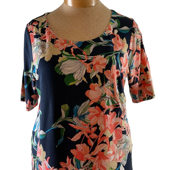 Chico's Size 2 Large Floral Top Navy Multicolor Rayon Blend Short Sleeve Shirt - Picture 8 of 9